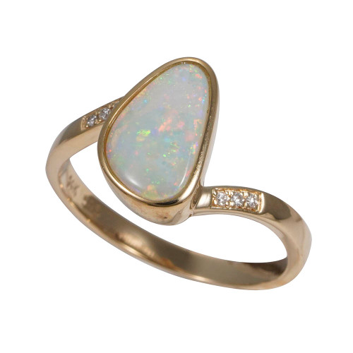 * 1 BRIGHT NECTAR 14KT YELLOW GOLD & DIAMOND AUSTRALIAN WHITE OPAL RING