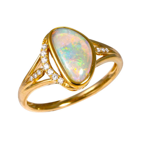 * 1 RENDEZVOUS 14KT YELLOW GOLD & DIAMOND AUSTRALIAN WHITE OPAL RING