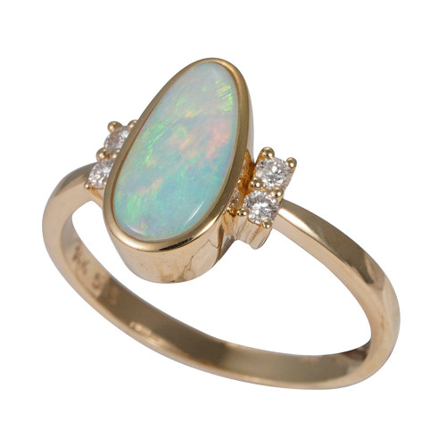 * 1 GLITTER ARENA 14KT YELLOW GOLD & DIAMOND AUSTRALIAN WHITE OPAL RING