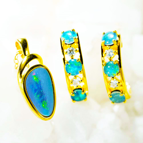 BANKOK BAZZAR 18KT YELLOW GOLD PLATED AUSTRALIAN OPAL JEWELLERY SET