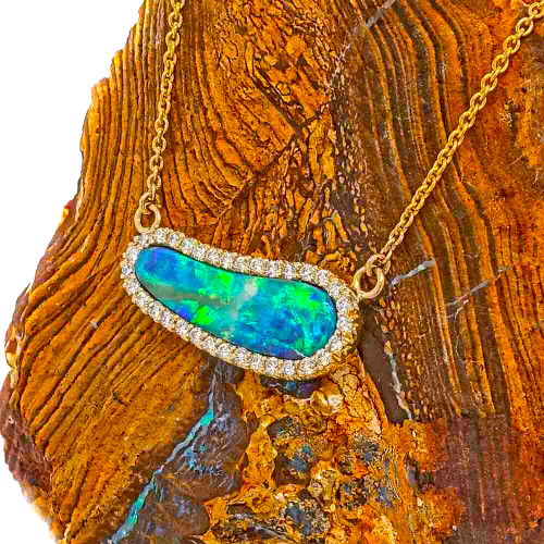 * 1 MYSTIC ANCIENT 9KT YELLOW GOLD & DIAMOND AUSTRALIAN SOLID BOULDER OPAL NECKLACE